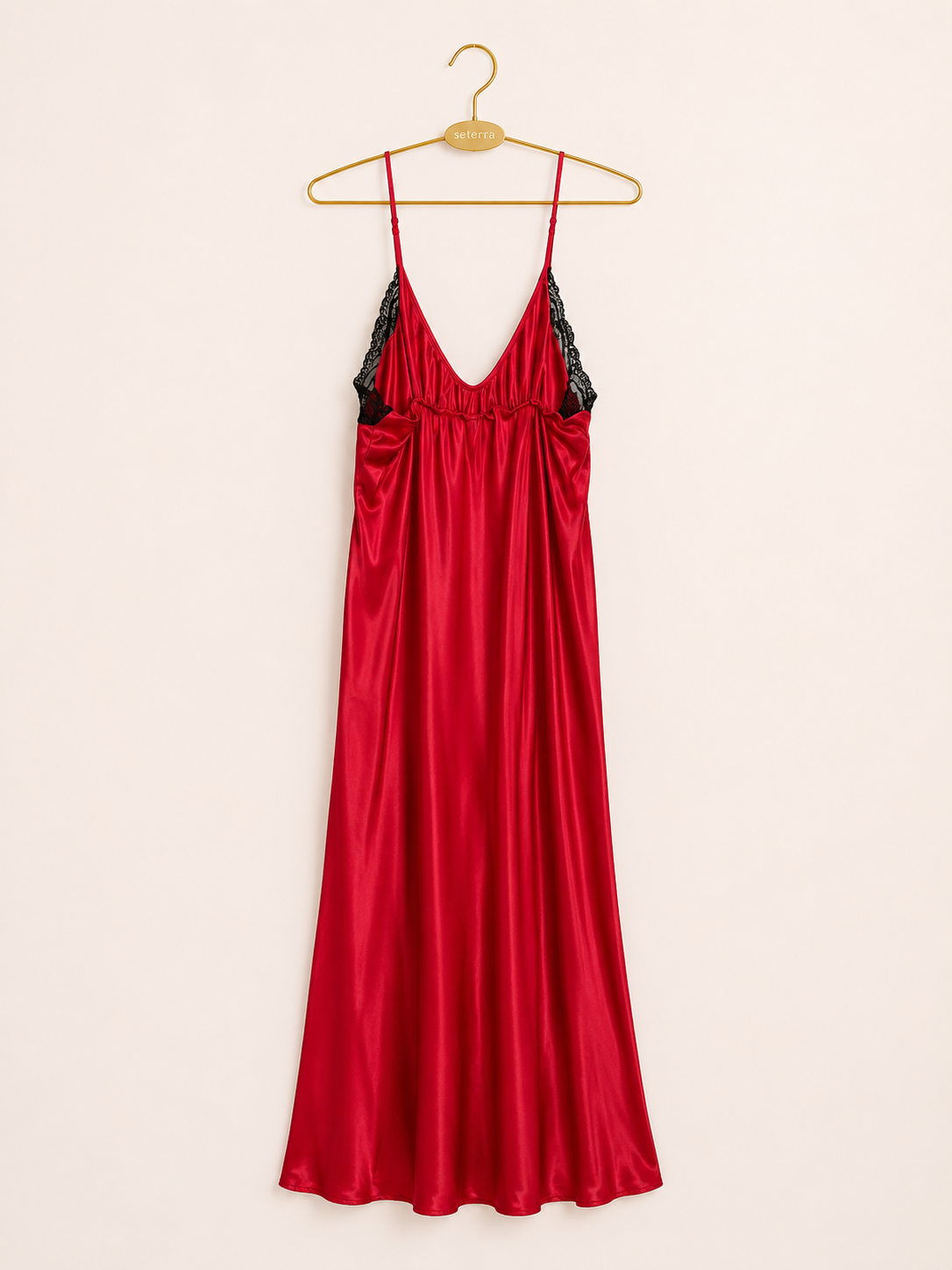 Vintage Cherry Red Satin Nightgown with Black Lace Trim • Maxi Slip Dress