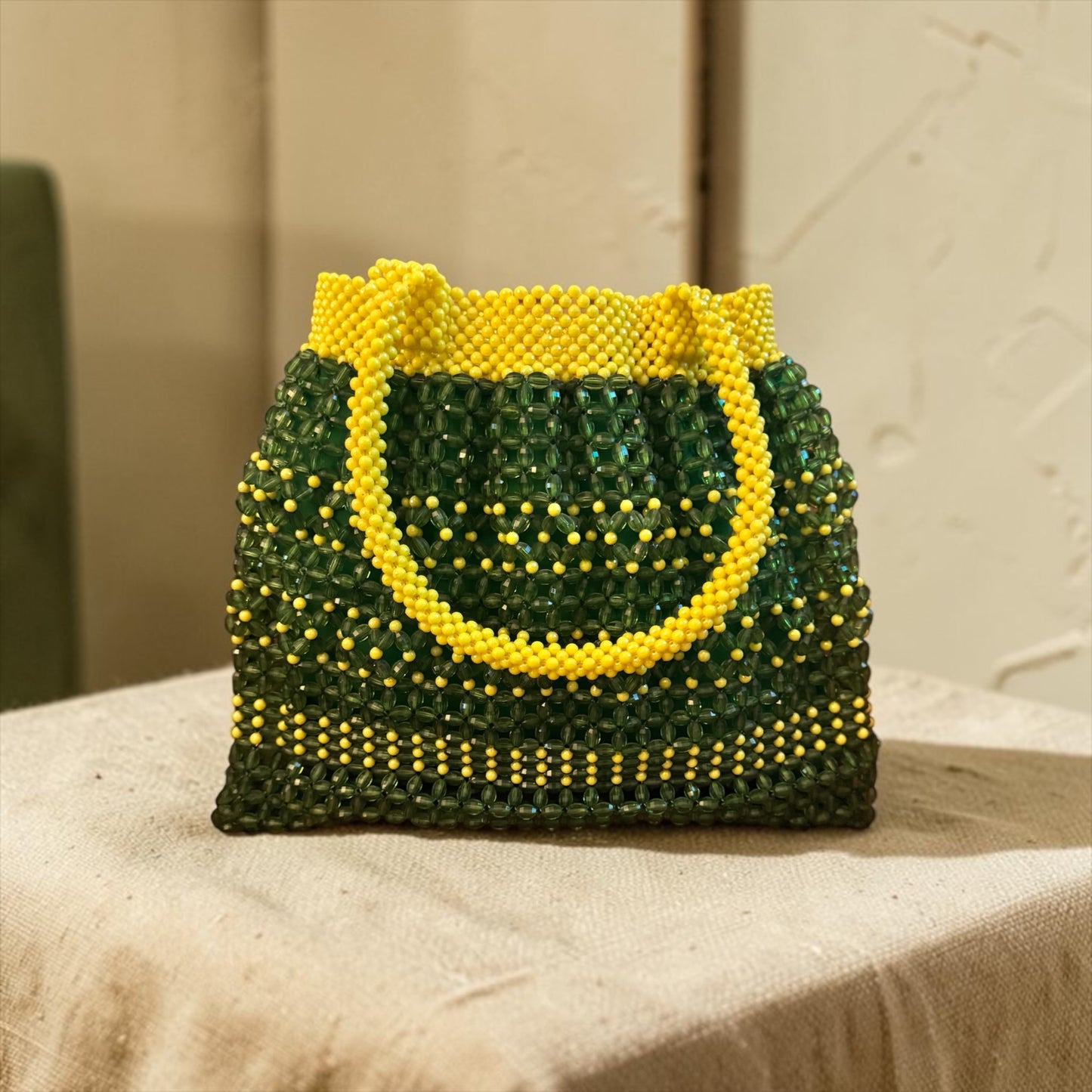 Vintage 1970s Oversized Hand Beaded Tote Bag | Green & Yellow Statement Purse | Boho Resort Glam |