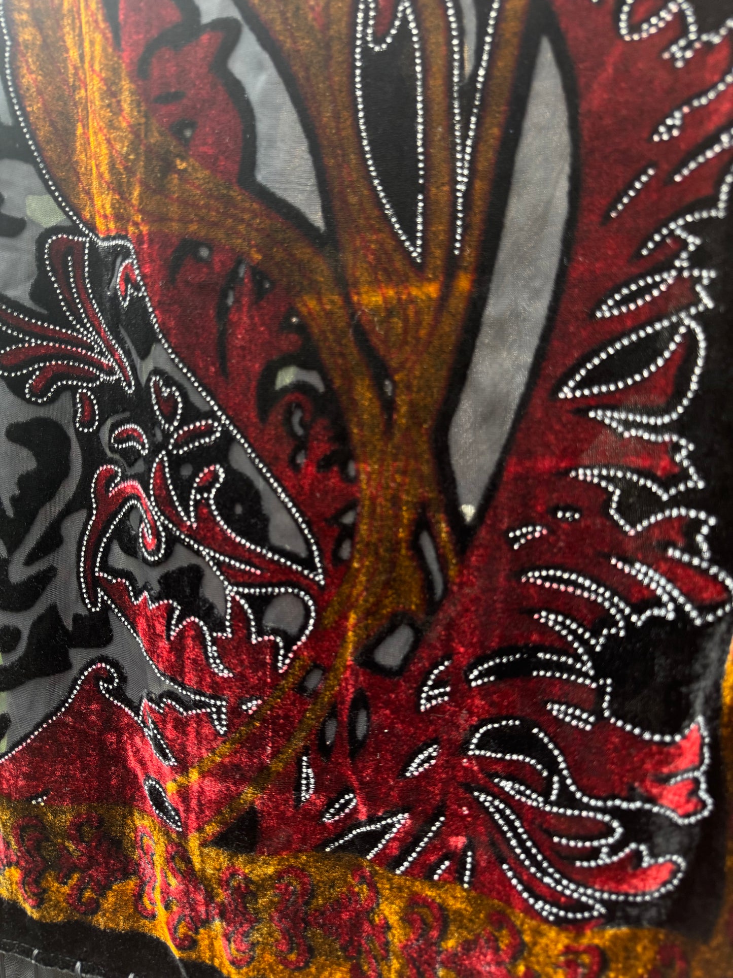 Burnnout Velvet Fringe Scarf Crimson & Bronze Botanical Devoré Wrap