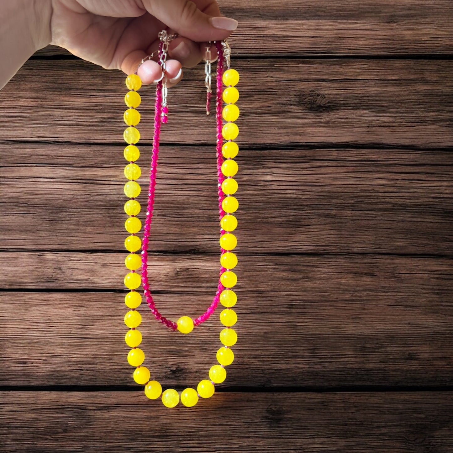 Radiant Contrast: Handcrafted Yellow Jade & Ruby Necklace Set