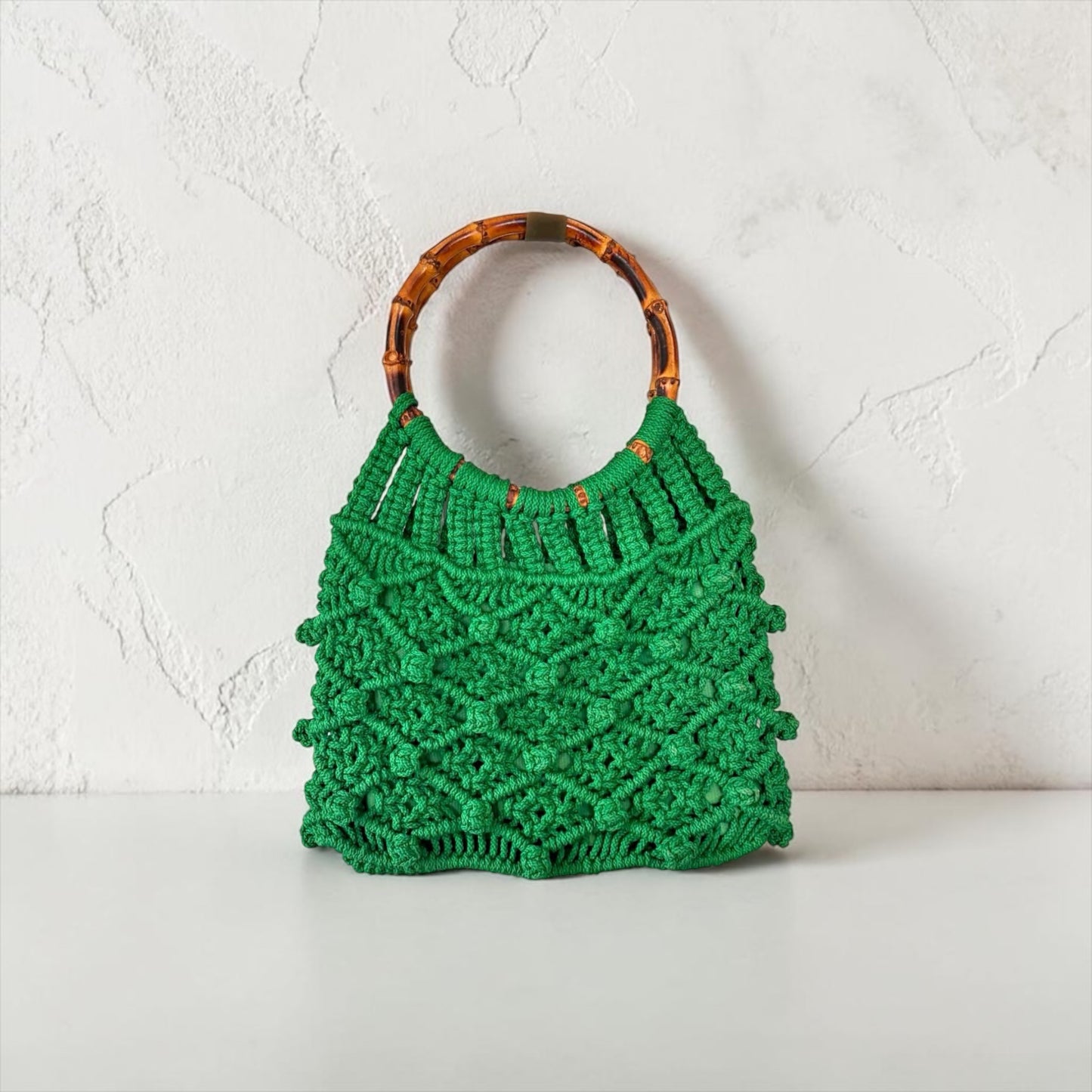 Vintage Emerald Cotton Macramé & Burnt Bamboo Handle Handbag