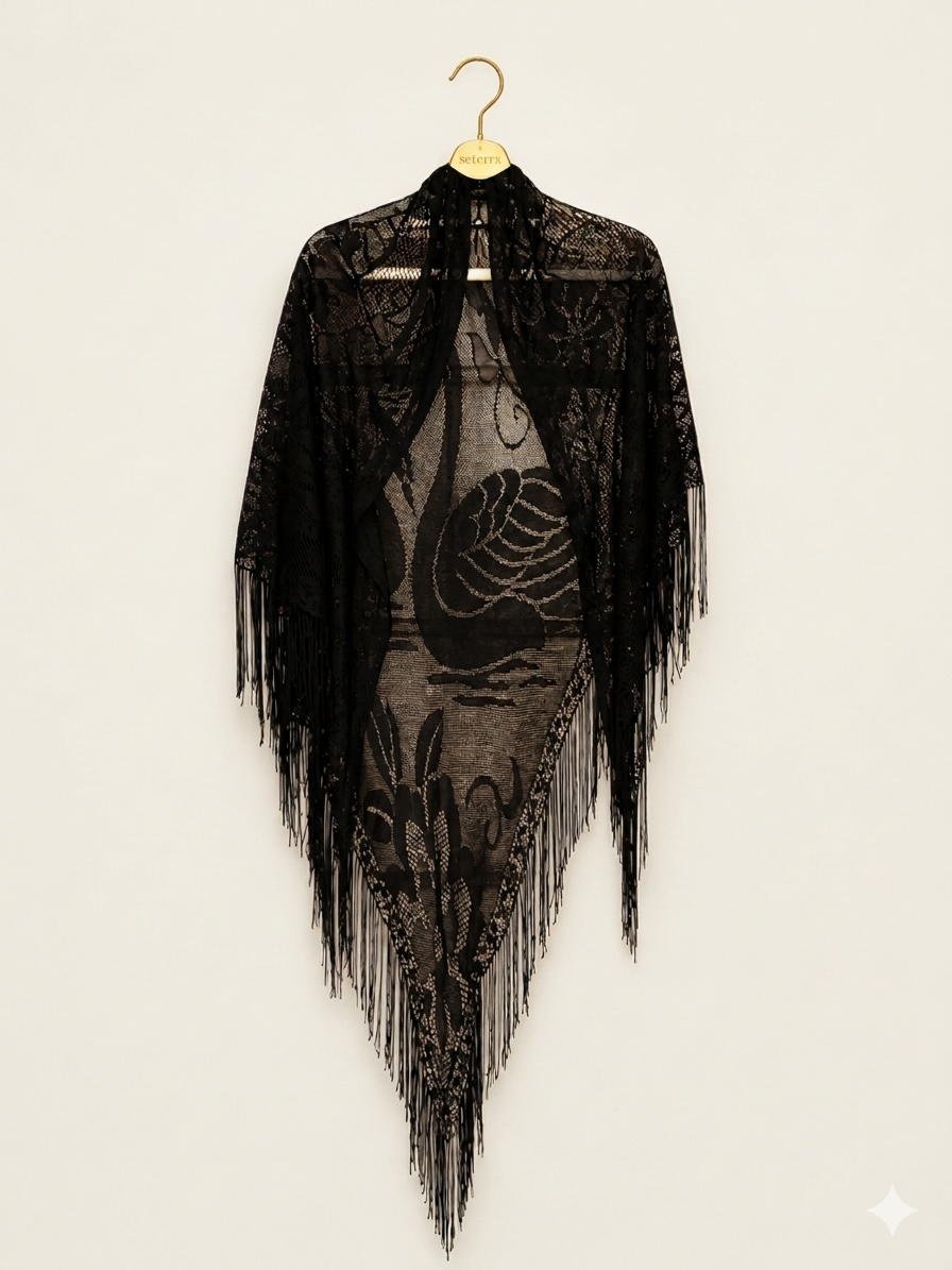 Vintage Black Lace Fringe Shawl • Romantic Swan Motif Piano Shawl • Gothic Bohemian Evening Wrap