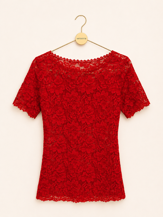 Vintage Y2K De La Rose Scarlet Floral Lace Top – Deadstock Sheer Romantic Blouse