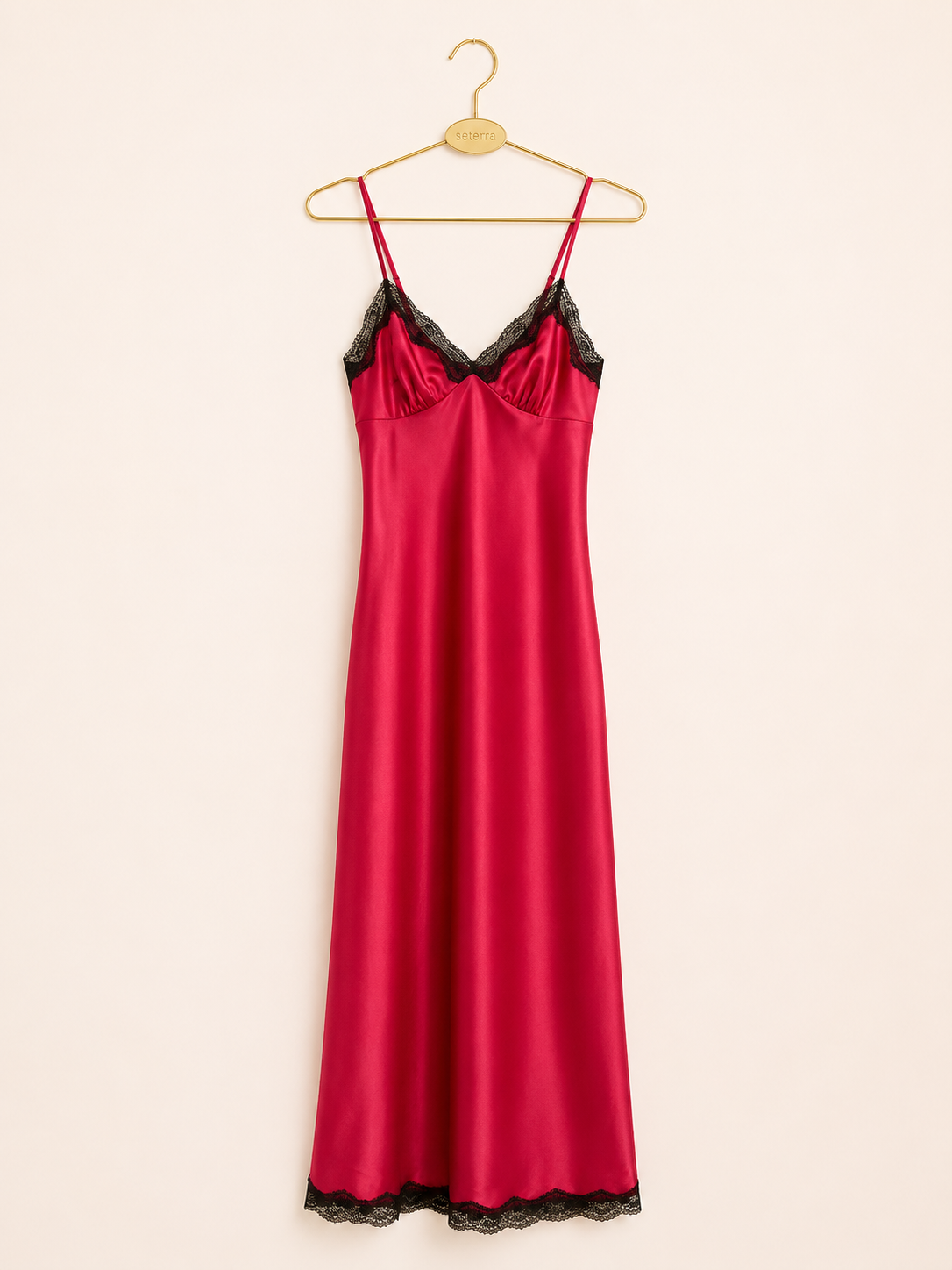 Vintage Cherry Red Satin Nightgown with Black Lace Trim • Maxi Slip Dress