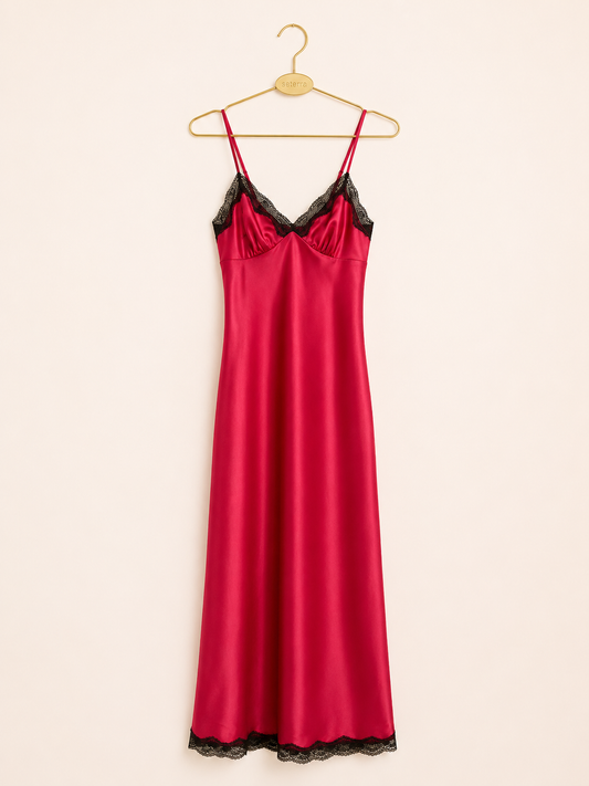 Vintage Cherry Red Satin Nightgown with Black Lace Trim • Maxi Slip Dress