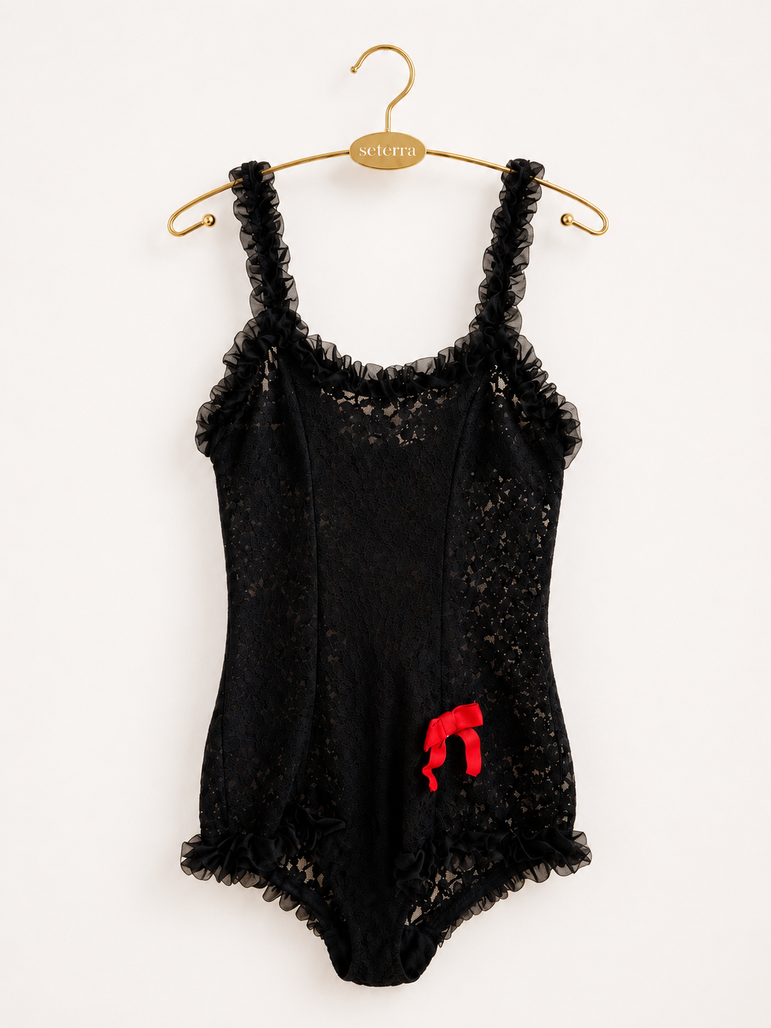 Vintage Black Lace Ruffle Teddy with • Red Velvet Bow • Romantic Sheer Lingerie One Piece