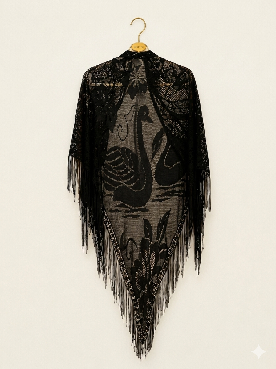 Vintage Black Lace Fringe Shawl • Romantic Swan Motif Piano Shawl • Gothic Bohemian Evening Wrap