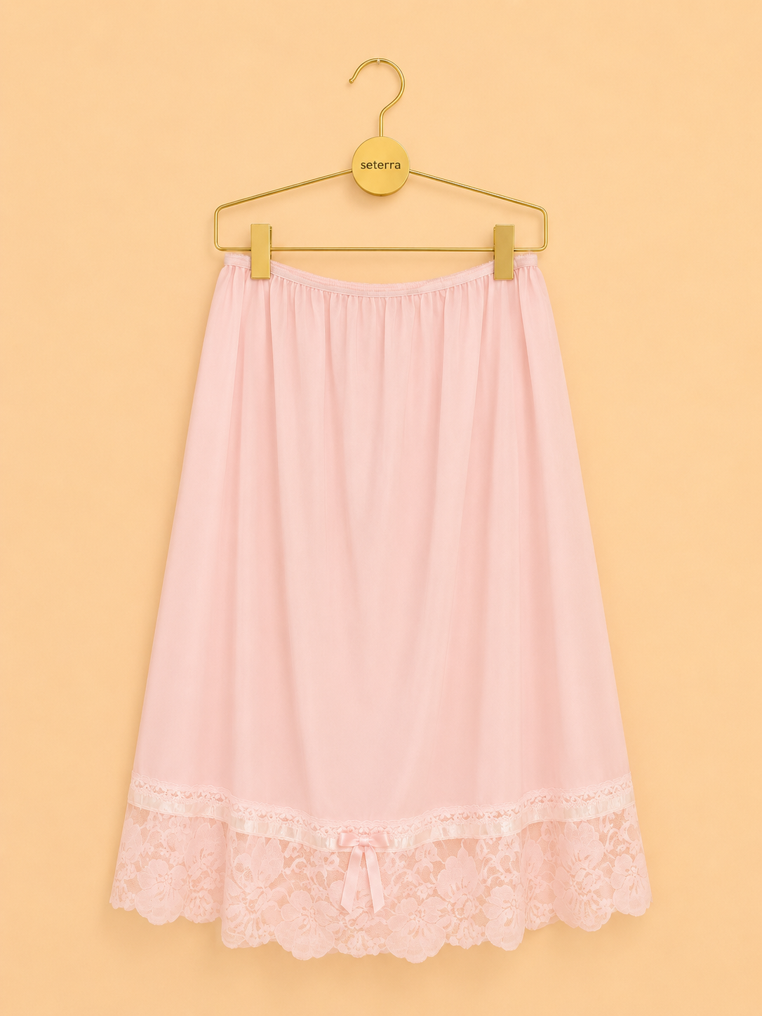 Vintage Deadstock Tip Top Pink Nylon Tricot Half Slip Skirt with Lace Hem & Satin Bow - Made in USA