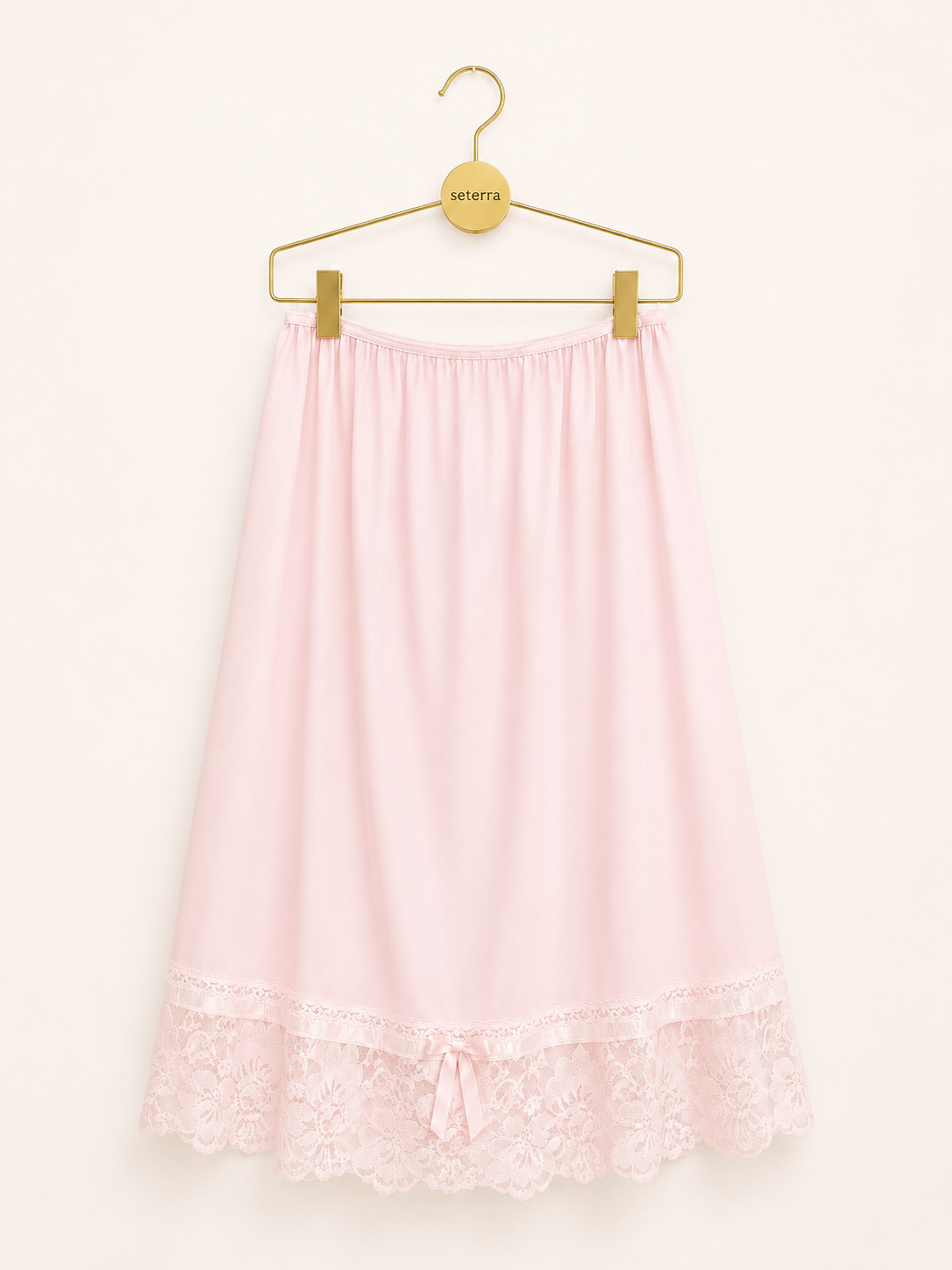 Vintage Deadstock Tip Top Pink Nylon Tricot Half Slip Skirt with Lace Hem & Satin Bow - Made in USA