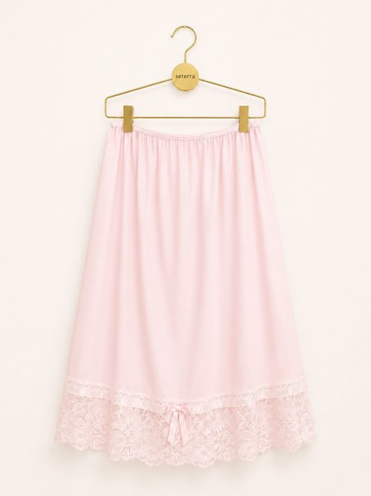 Vintage Deadstock Tip Top Pink Nylon Tricot Half Slip Skirt with Lace Hem & Satin Bow - Made in USA