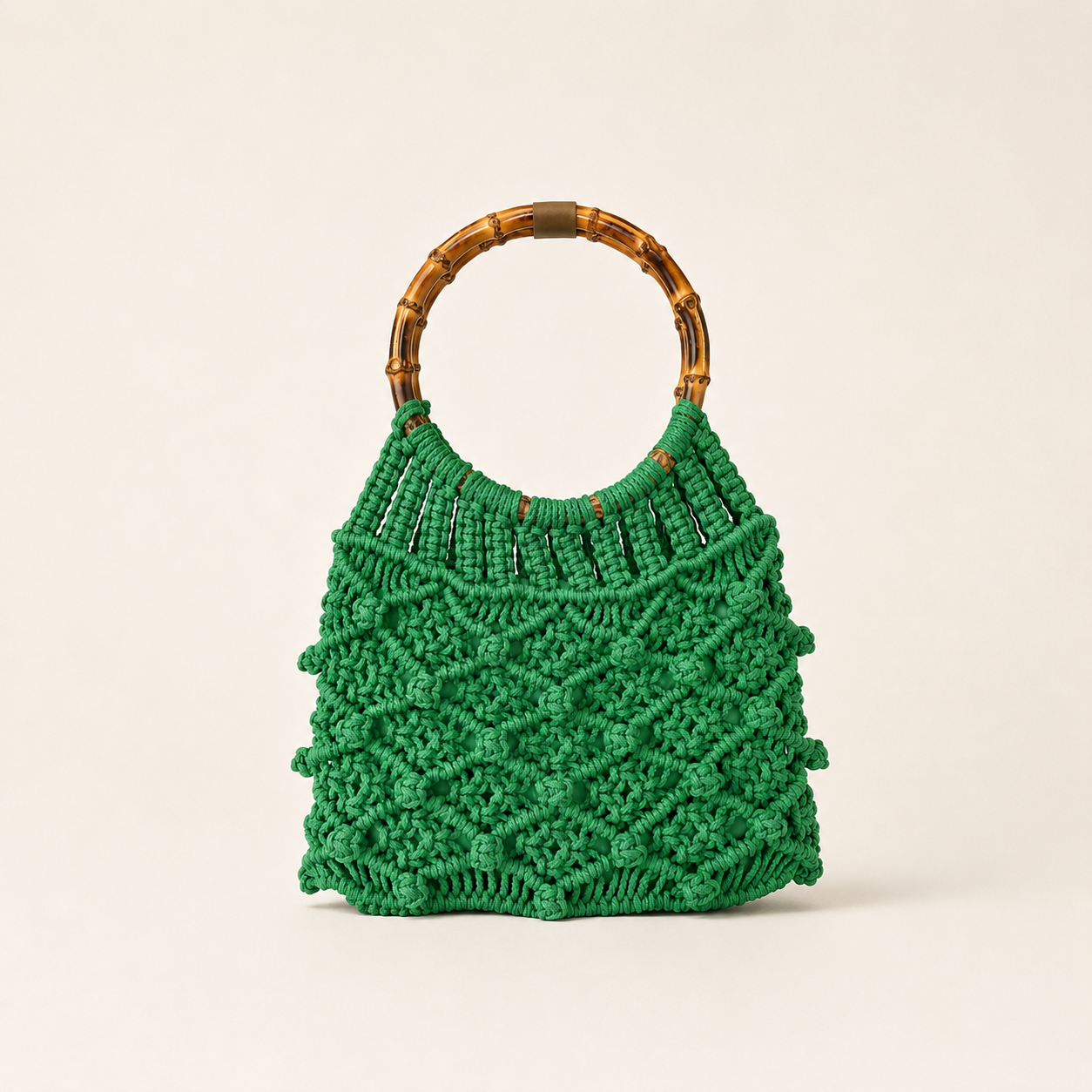 Vintage Woven Macramé Handbag with Bamboo style handles..