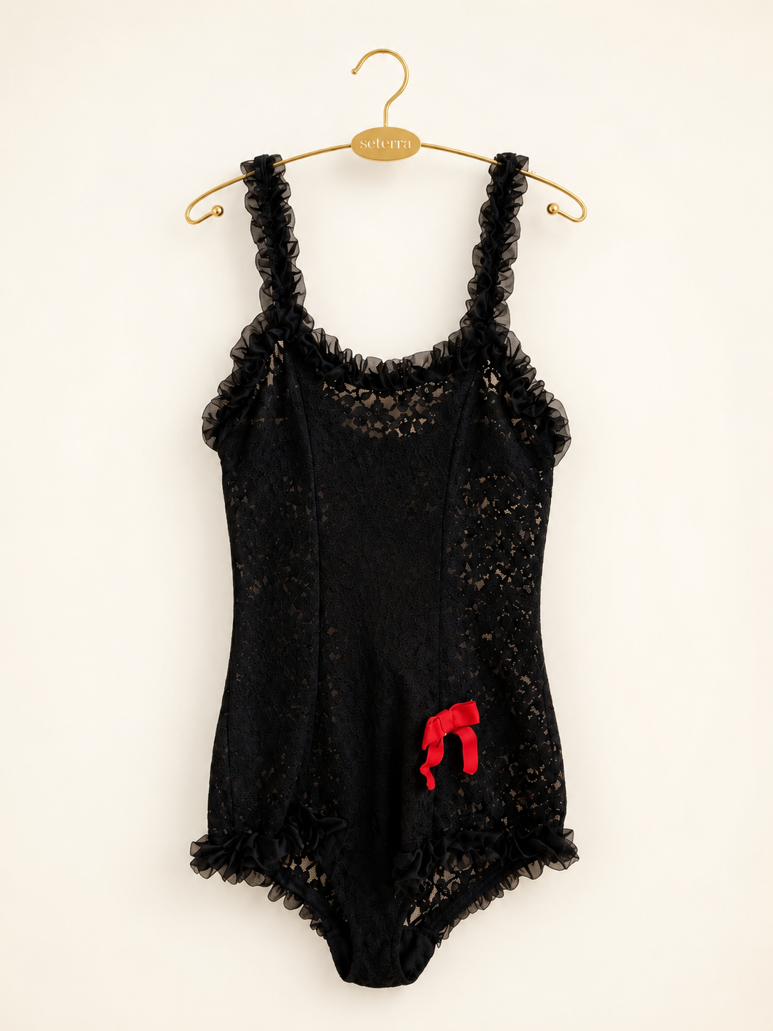Vintage Black Lace Ruffle Teddy with • Red Velvet Bow • Romantic Sheer Lingerie One Piece