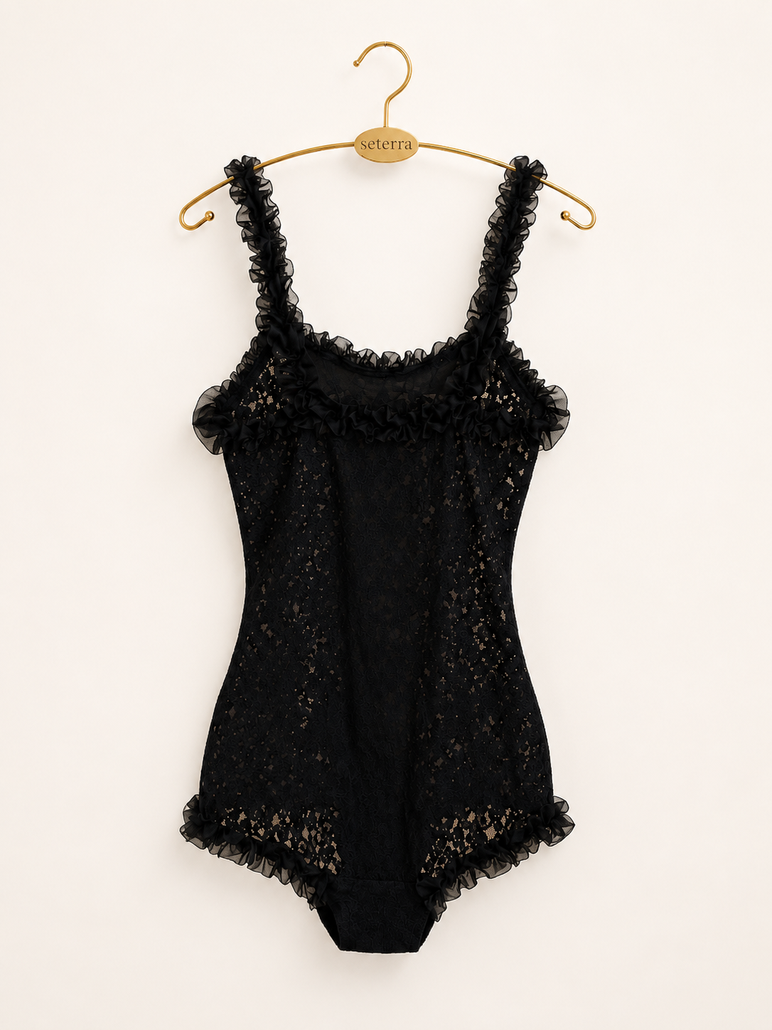 Vintage Black Lace Ruffle Teddy with • Red Velvet Bow • Romantic Sheer Lingerie One Piece