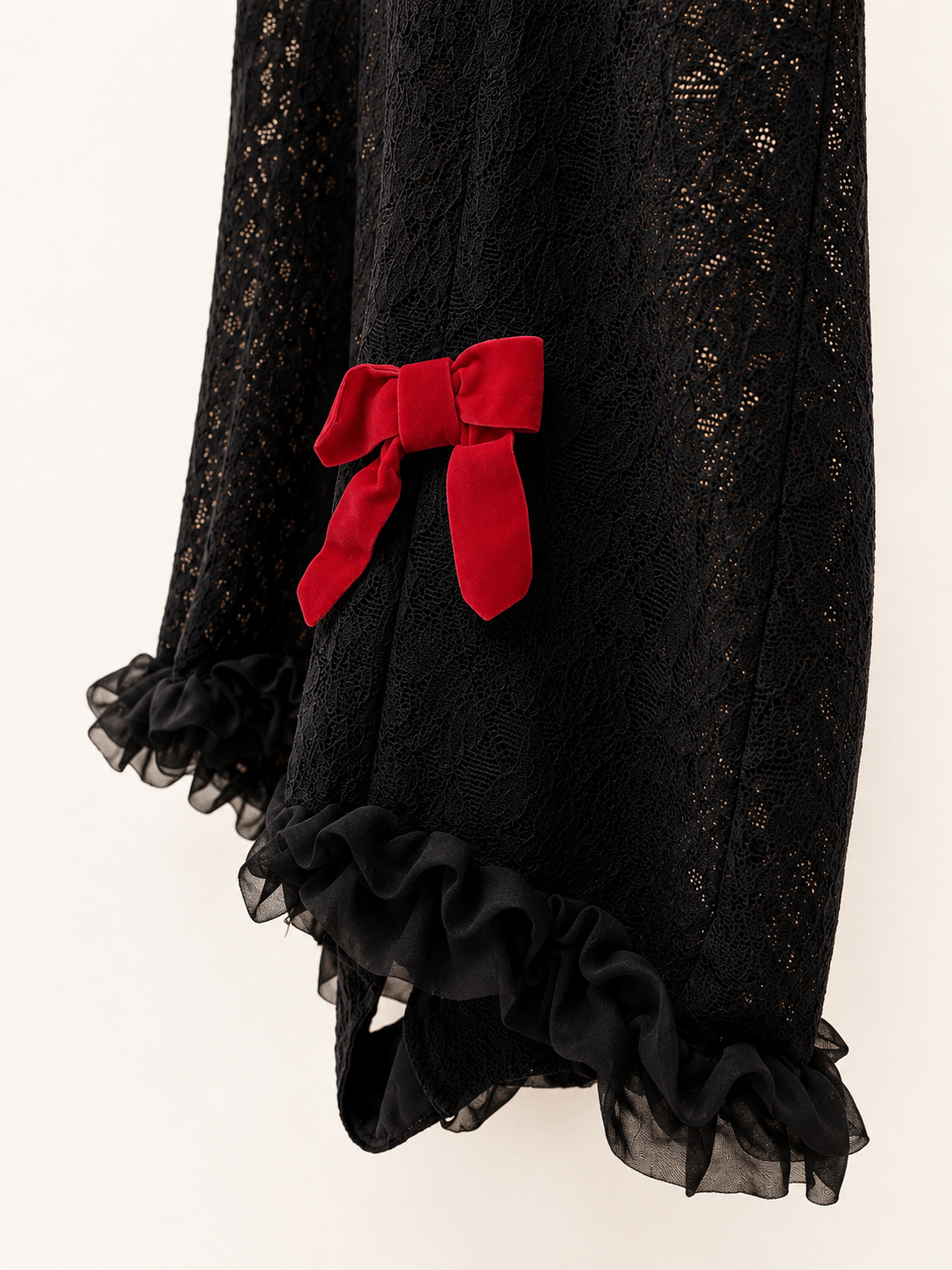 Vintage Black Lace Ruffle Teddy with • Red Velvet Bow • Romantic Sheer Lingerie One Piece
