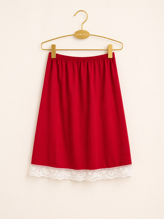 Vintage Opera Cherry Red Half Slip with White Lace Hem - Made in USA