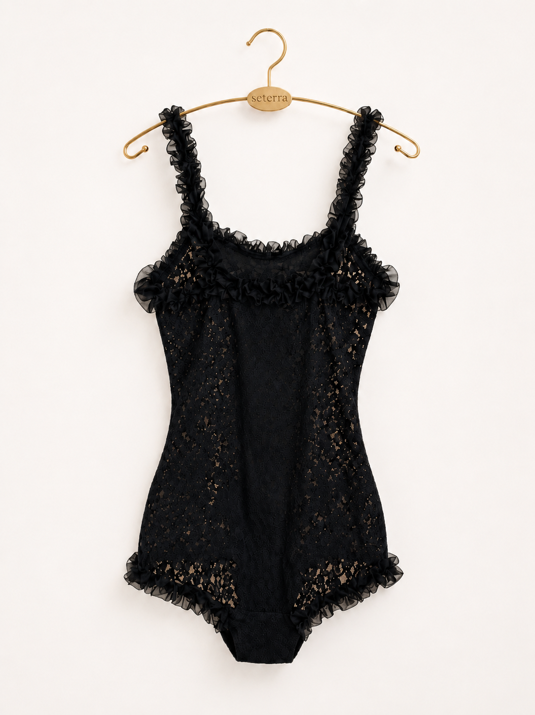 Vintage Black Lace Ruffle Teddy with • Red Velvet Bow • Romantic Sheer Lingerie One Piece