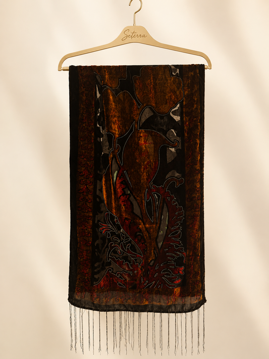Burnnout Velvet Fringe Scarf Crimson & Bronze Botanical Devoré Wrap