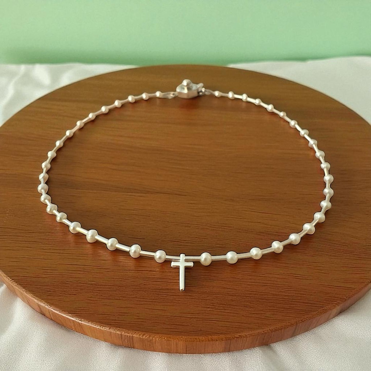 cross, pearls, vermeil, and 14k gold-filled with extender