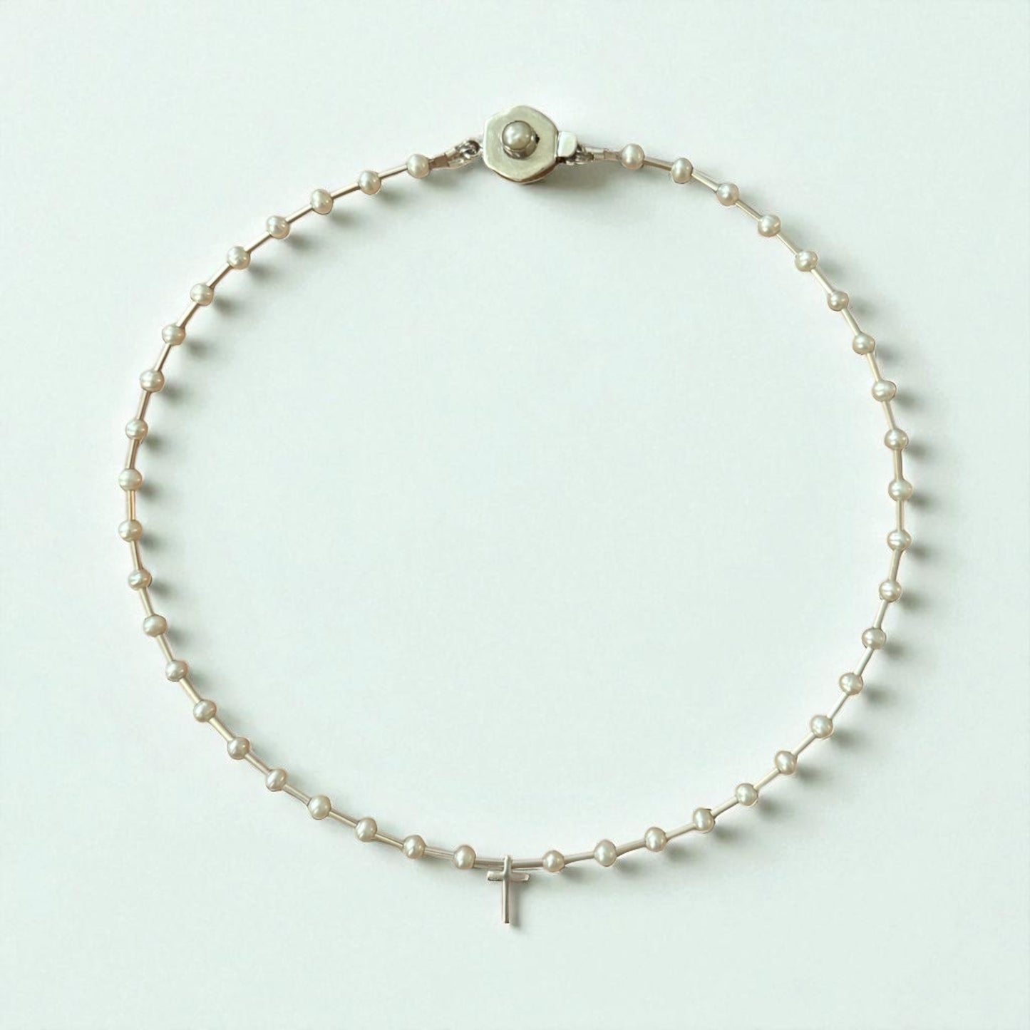 cross, pearls, vermeil, and 14k gold-filled with extender