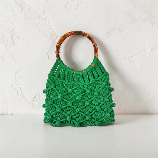 Vintage Emerald Cotton Macramé & Burnt Bamboo Handle Handbag